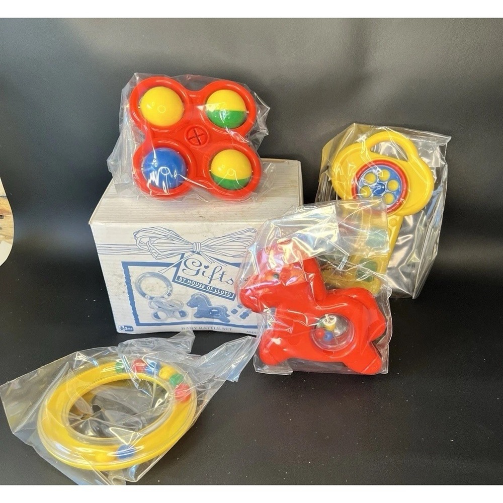 VTG Set of 4 Baby Rattle Toy Set • NOS House Of Lloyd Battat? Playset